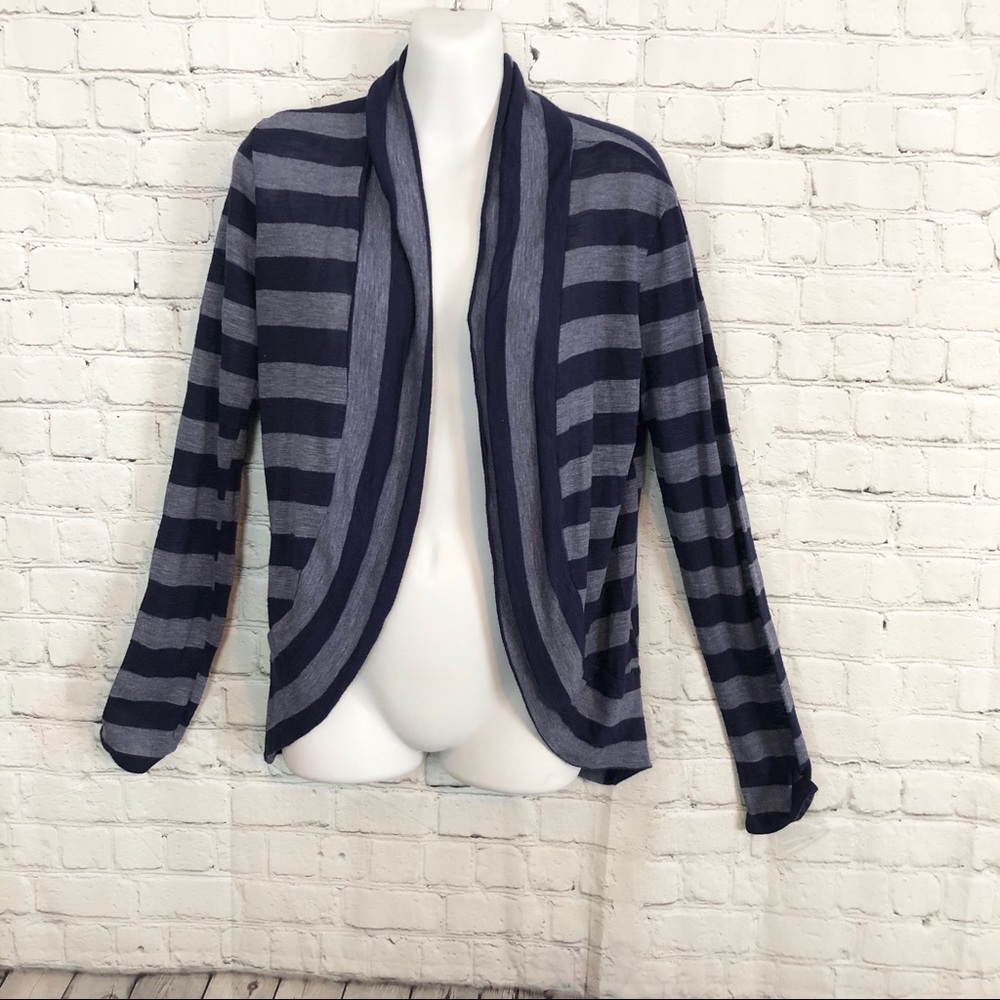 Blue and Gray Striped Long Sleeve Cardigan